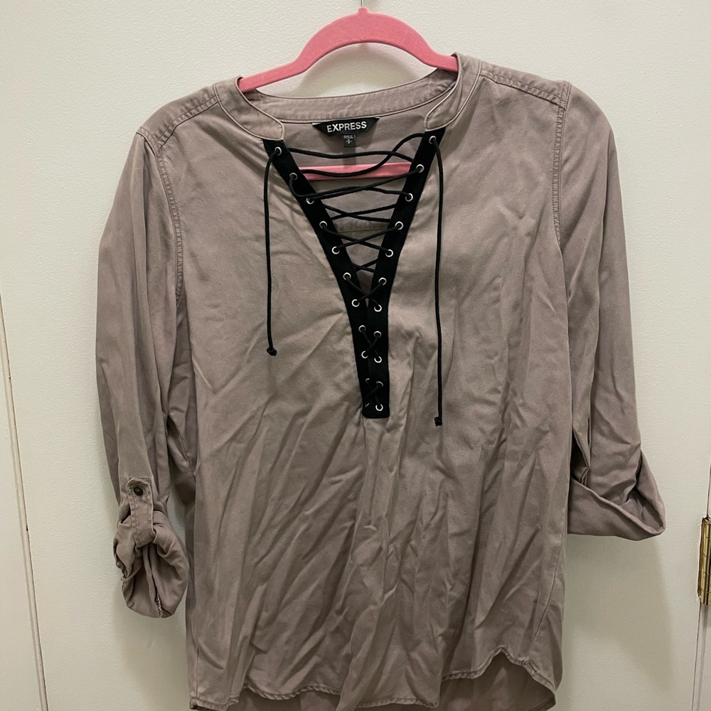 Express Women's Taupe Lace-Up Blouse